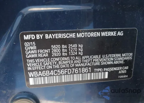 2015 BMW 650I Gran Coupe xDrive z USA, uszkodzony, nr VIN WBA6B4C56FD761861